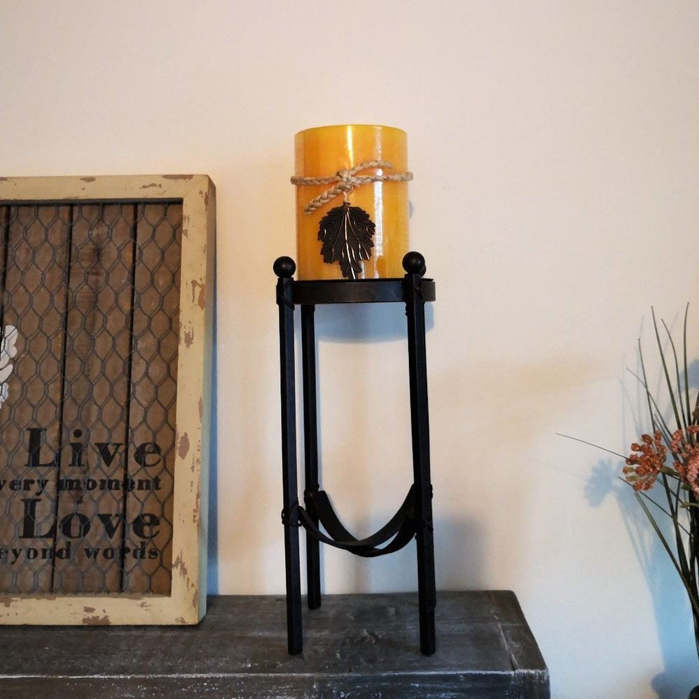 Pier 1 Antique Bronze Candle Holder And Autumn Leaves Pilar Candle